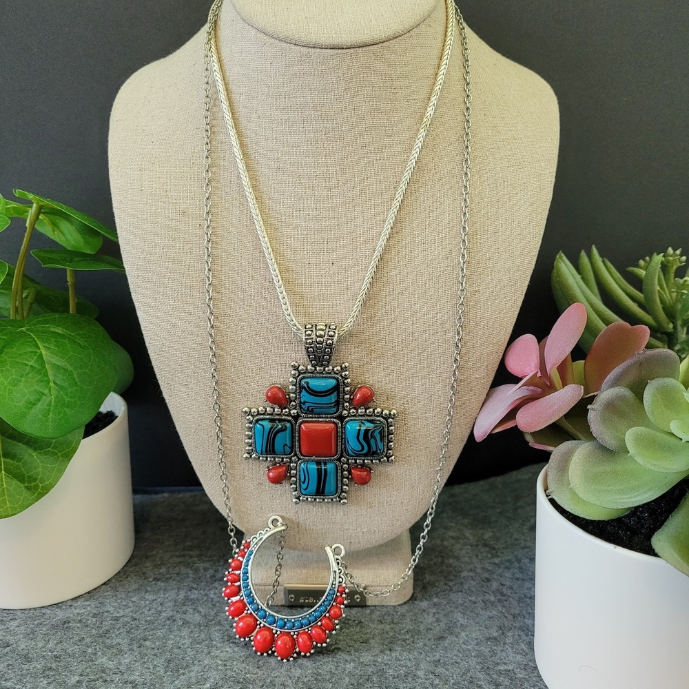 Southwestern Statement Necklace Lot 2 Cross Crescent Red Blue Turquoise 16 28